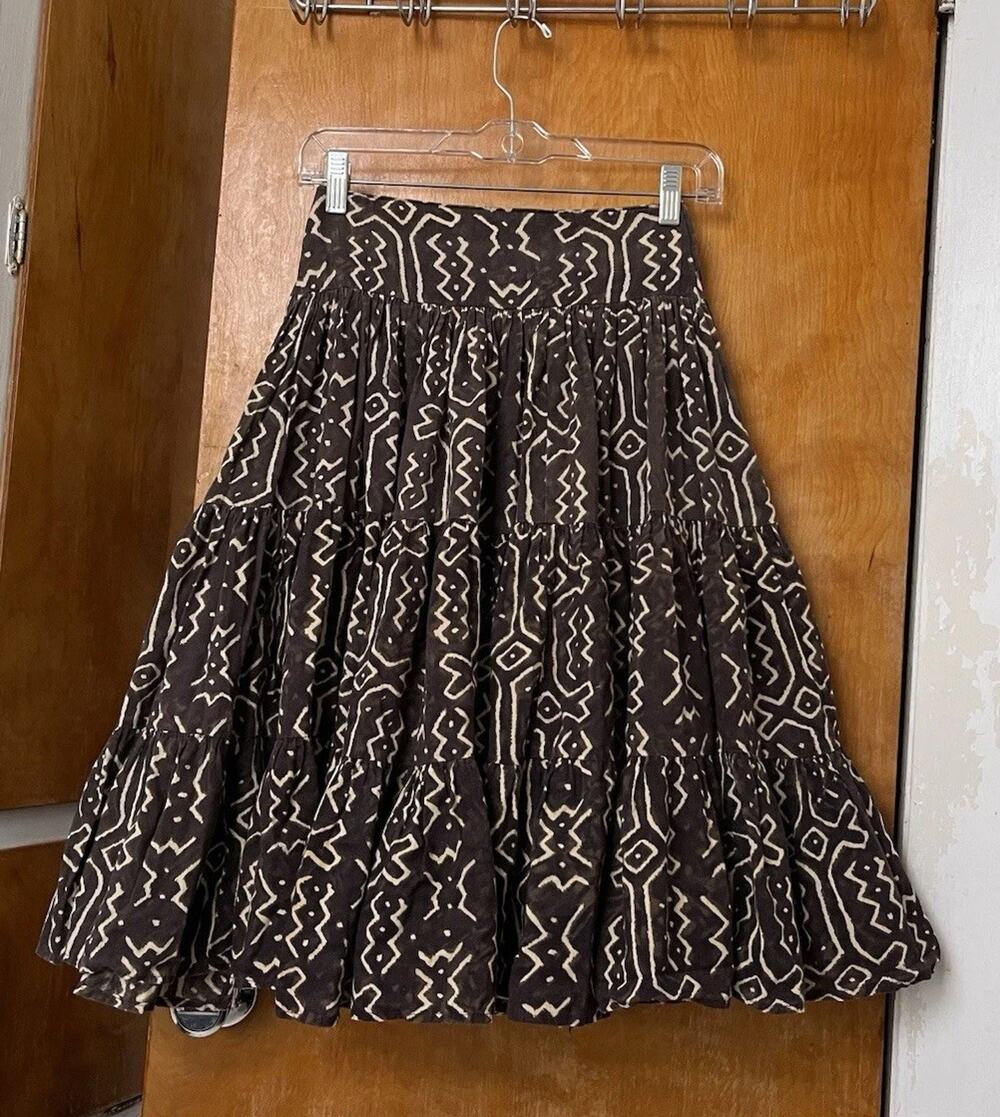 VINTAGE 80s NORMA KAMALI Brown Mudcloth Skirt Geometric Tribal Size 6 XS Read